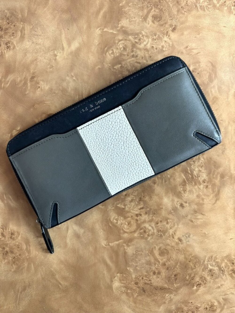 Rag & Bone Gray Leather Zip Around Wallet Colorblock Stingray Panel